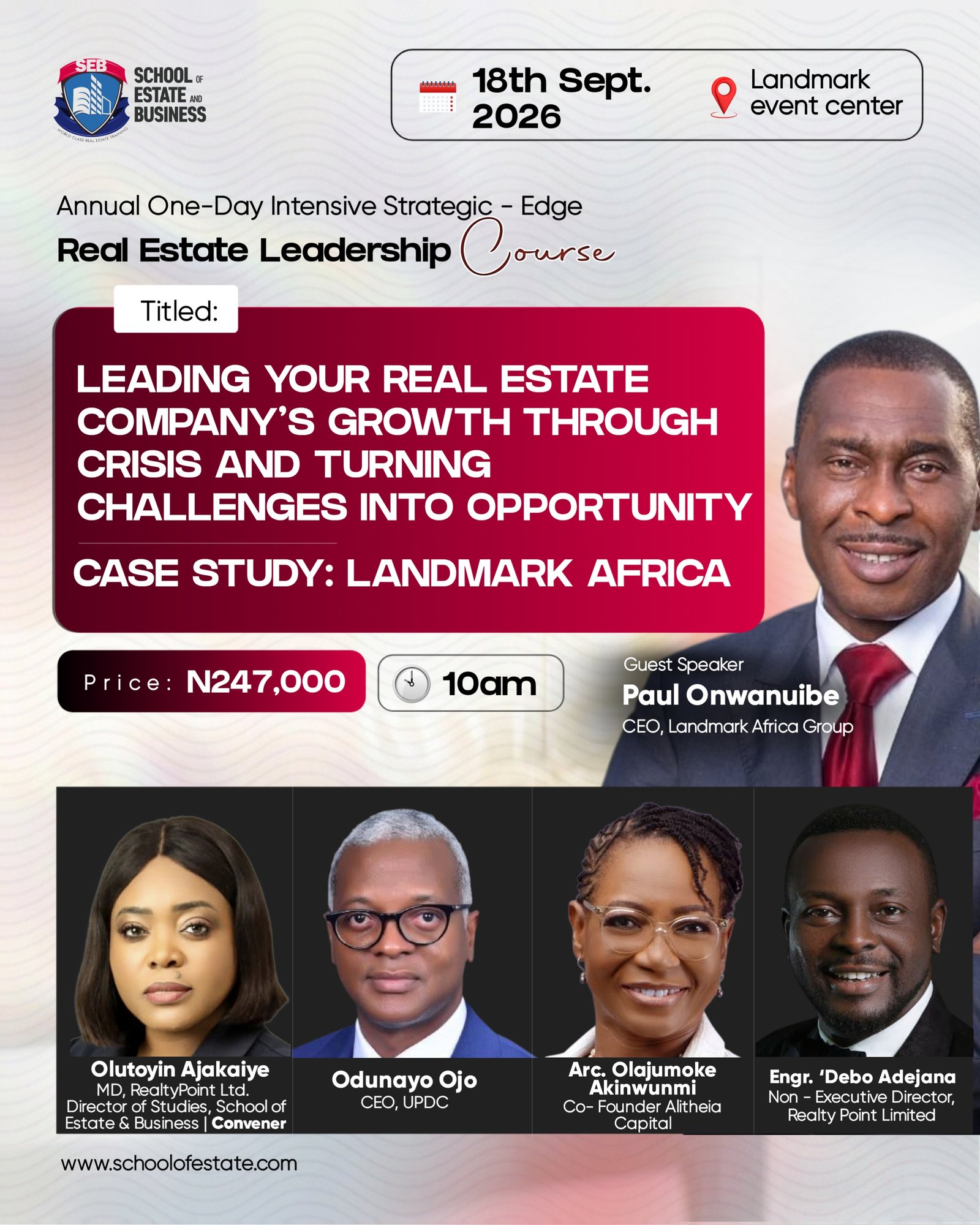 Real Estate Leadership Course — event flyer with speakers Olutoyin Ajakaiye, Odunayo Ojo, Arc. Olajumoke Akinwunmi, Engr. 'Debo Adejana and guest speaker Paul Onwanuibe